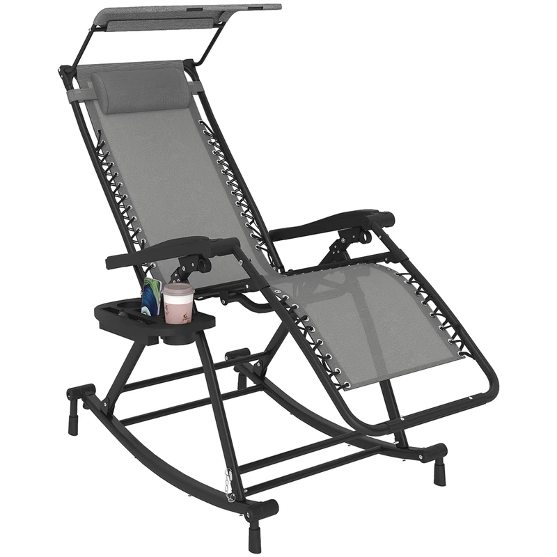Outsunny Garden Rocking Chair Folding Recliner Outdoor Adjustable Sun Lounger Rocker Zero-Gravity Seat with Headrest Side Holder Patio Deck - Grey