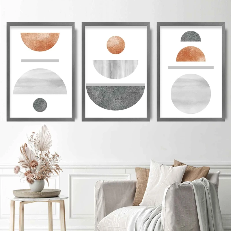 Artze Wall Art Grey and Copper Textured Geometric Art Prints 3-Piece Set, 50 cm Width x 70 cm Height