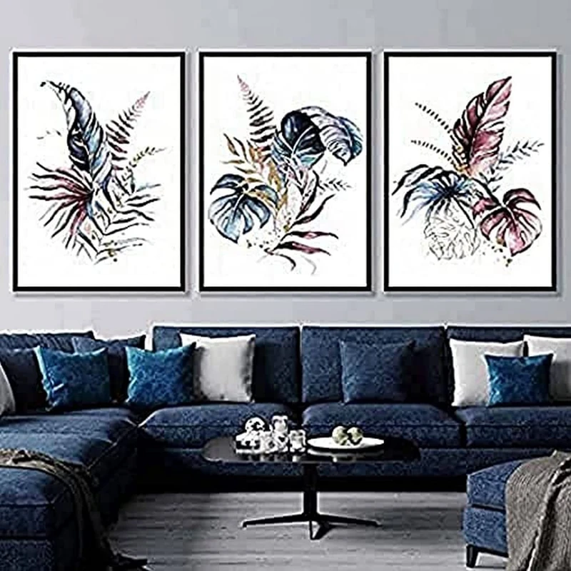 Artze Wall Art Tropical Leaves Wall Art Prints 3-Piece Set, 40 cm Width x 50 cm Height, Pink/Blue