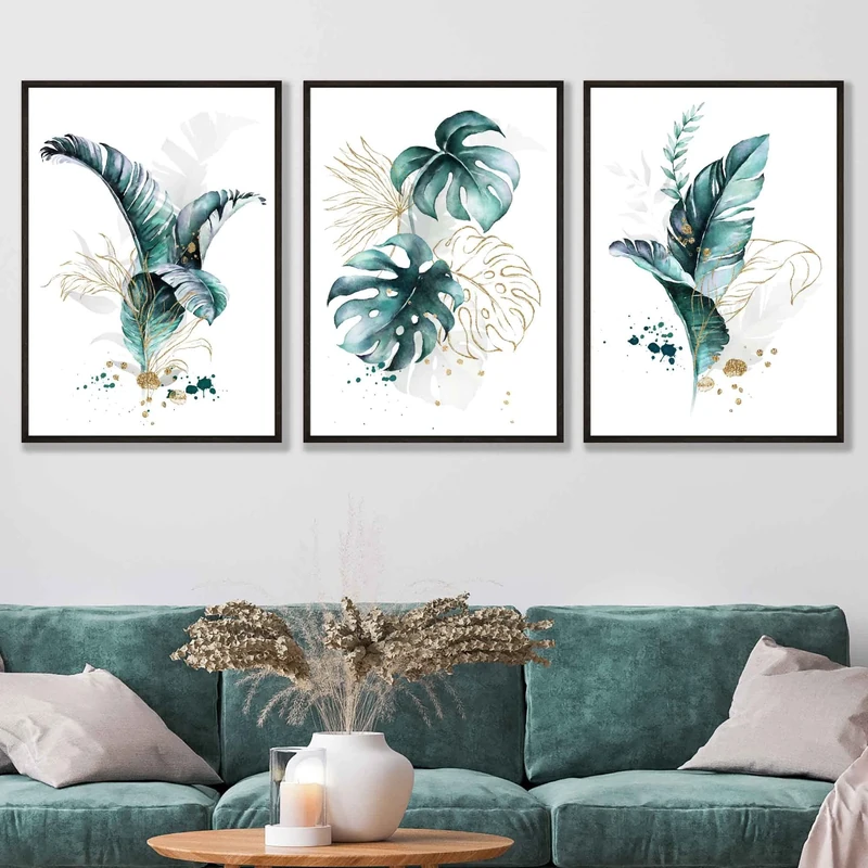 Artze Wall Art Tropical Leaves Wall Art Prints 3-Piece Set, 61 cm Width x 91 cm Height, Teal Blue