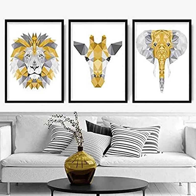 Artze Wall Art Geometric Jungle Heads Giraffe Lion Elephant Art Prints 3-Piece Set, 40 cm Width x 50 cm Height, Yellow/Grey