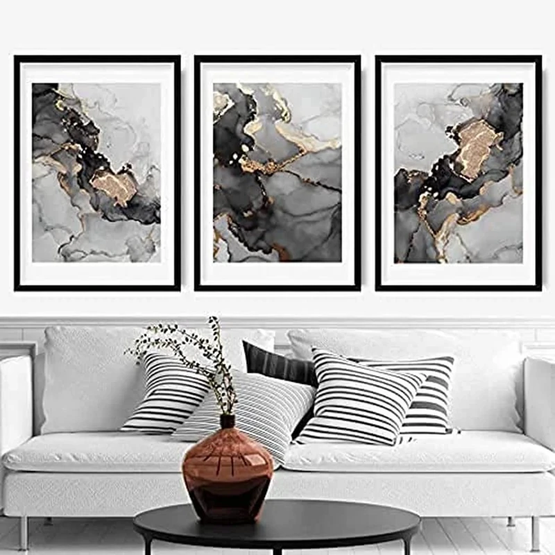 Artze Wall Art Abstract Art Print of Paintings 3-Piece Set, 40 cm Width x 50 cm Height, Black/Grey/Gold