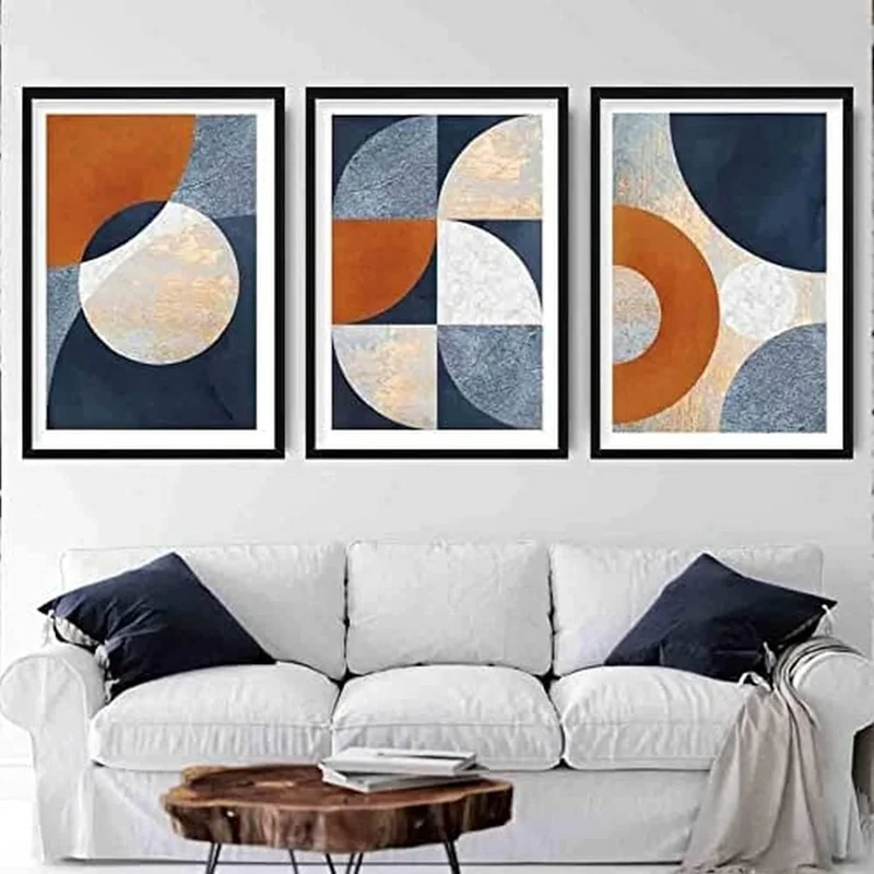 Artze Wall Art Geometric Abstract Textured Circles Art Prints 3-Piece Set, A3 Size, Navy Blue/Orange/Gold