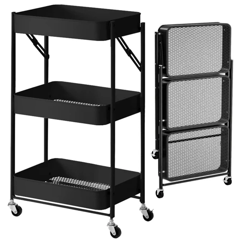 BAKAJI Folding Kitchen Trolley with 3 Shelves Baskets 4 Wheels 360 Degree Swivel with Integrated Metal Brake Space-Saving Serving Trolley Dimensions 29 x 40 x 76 cm (Black)