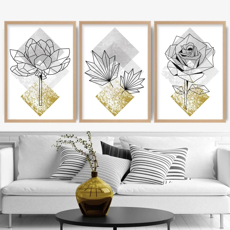 Artze Wall Art Geometric Yellow Floral Art Prints 3-Piece Set, 50 cm Width x 70 cm Height