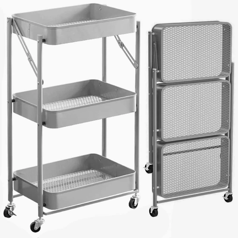 BAKAJI Folding Kitchen Trolley with 3 Shelves Baskets 4 Wheels 360 Degree Swivel with Integrated Metal Brake Space-Saving Serving Trolley Dimensions 29 x 40 x 76 cm (Grey)