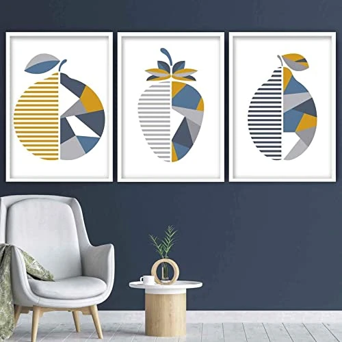 Artze Wall Art Geometric Orange Strawberry Lemon Fruit Kitchen Wall Art Prints 3-Piece Set, 40 cm Width x 50 cm Height, Yellow/Blue/Grey - Image 1