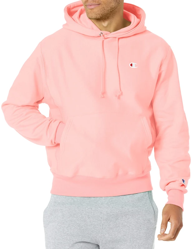 Champion Men's Reverse Weave Pullover Hooded Sweatshirt for Men, Best Hoodies for Men, C Logo, Primer Pink Left Chest C, XS