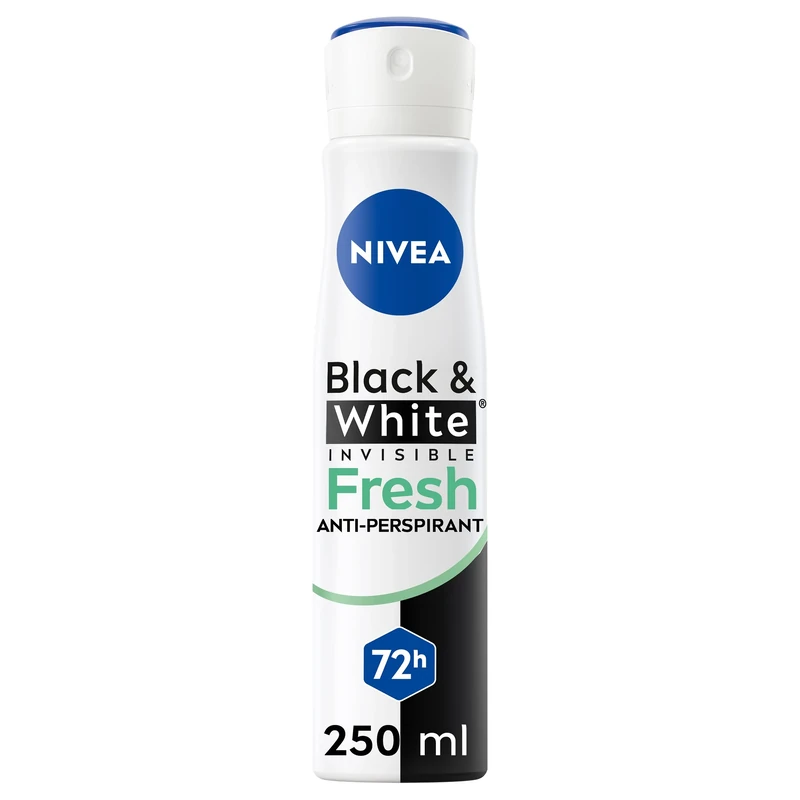 NIVEA Black & White Fresh Anti-Perspirant Spray (250ml), 72hr Anti-Sweat Women's Deodorant Spray, No Stains on Black and White Clothes