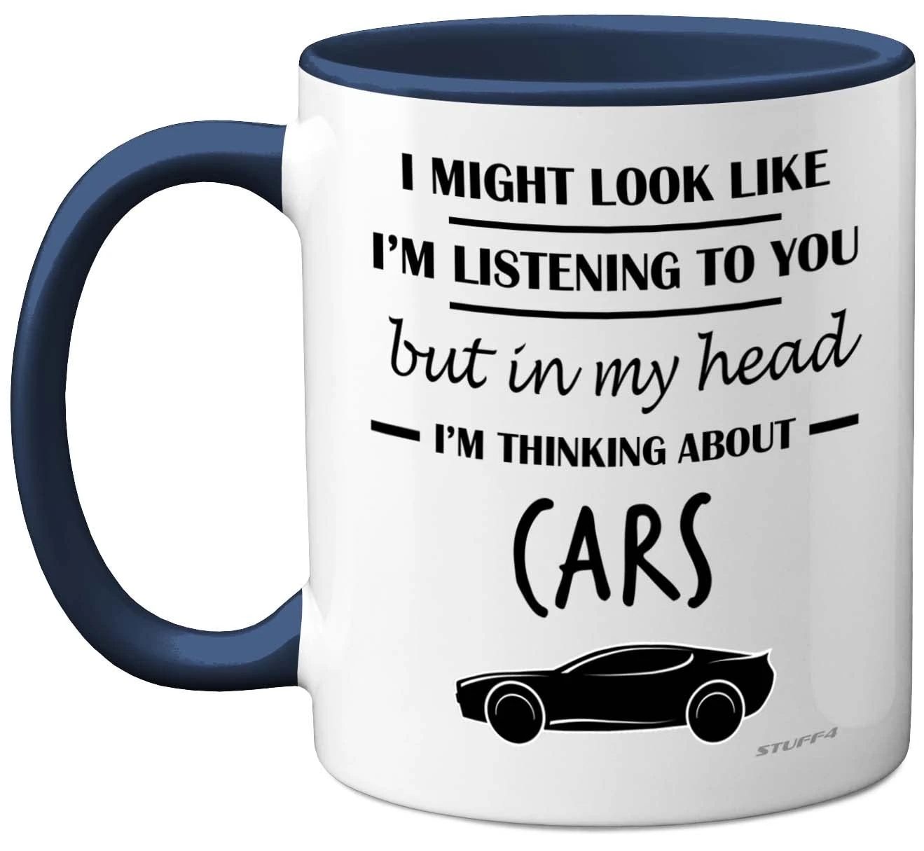 Stuff4 Gifts for Car Enthusiasts - in My Head I'm Thinking About Cars - Funny Classic Mug, Gifts for Lovers, Petrol Head 11oz Ceramic Dishwasher Safe Premium Navy Handle Mugs