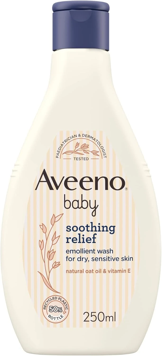 Aveeno Baby Soothing Relief Emollient Wash (1 x 250ml), Unscented, Gentle and Tear-Free Baby Wash with Natural Oat Oil & Vitamin E, Skin Feels Moisturised for 24 Hours, for Dry, Sensitive Skin