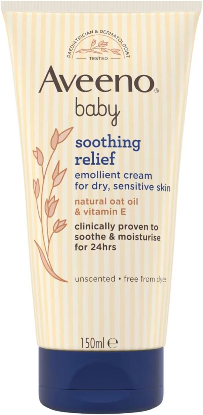 Aveeno Baby Soothing Relief Emollient Cream (1x 150ml), Unscented Baby Cream with Natural Oil & Vitamin E, Soothes and Moisturises for 24 Hours, for Dry, Sensitive Skin Prone to Irritation