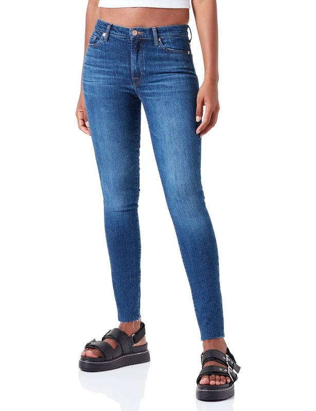 7 For All Mankind Women's Hw Skinny Slim Illusion with Raw Cut Jeans, Dark Blue, 6