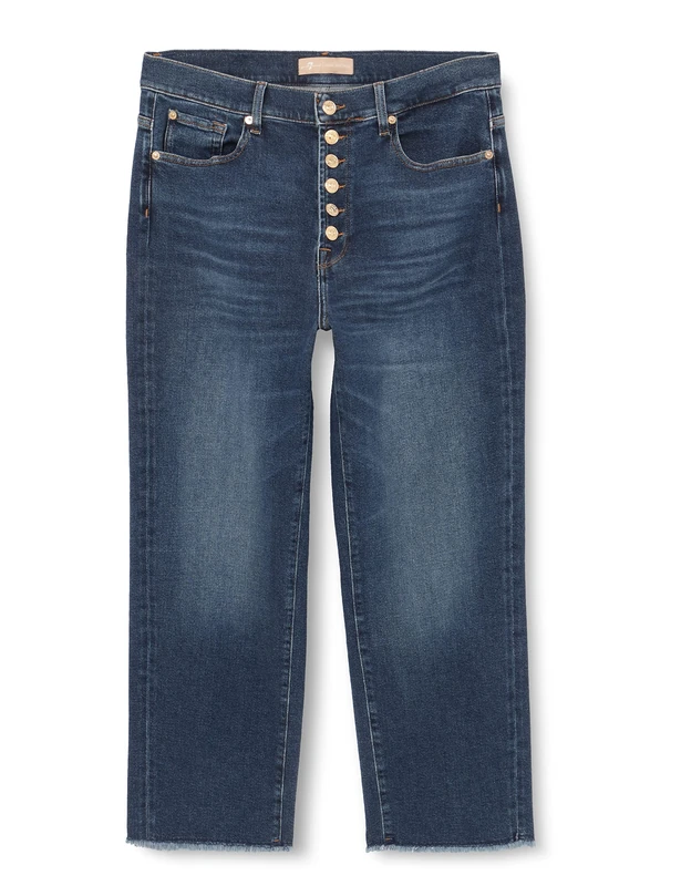 7 For All Mankind Women's The Modern Straight Luxe Vintage with Frayed Hem & Exposed Buttons Jeans, Mid Blue, 32W x 32L