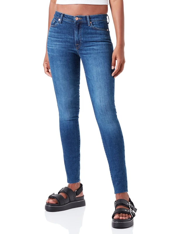 7 For All Mankind Women's Hw Skinny Slim Illusion with Raw Cut Jeans, Dark Blue, 26W x 26L
