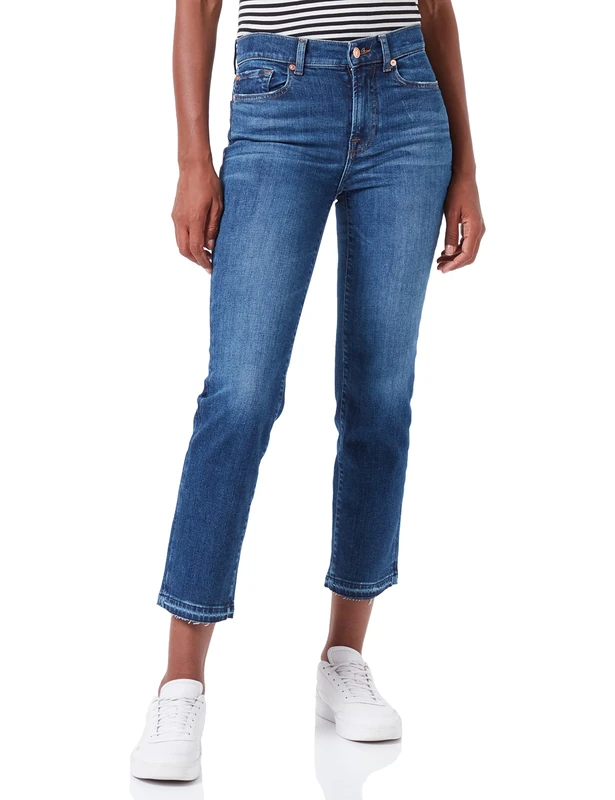 7 For All Mankind Women's The Straight Crop Slim Illusion Highline with Let Down Hem Jeans, Dark Blue, Regular