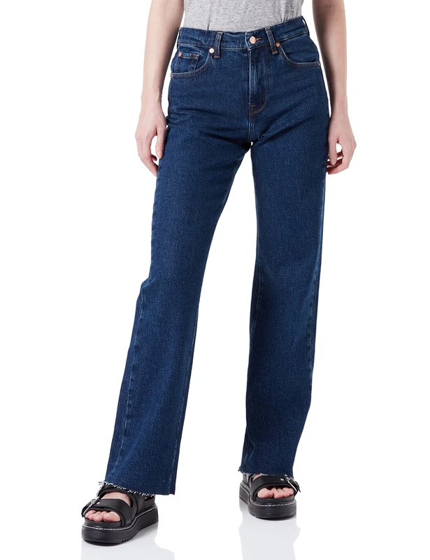 7 For All Mankind Women's Tess Trouser with Raw Cut Jeans, Dark Blue, 29W x 29L