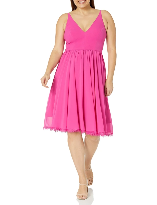 Dress the Population Women's Alicia Sleeveless Plunging Fit and Flare Midi Dress, Bright Fuchsia, XL