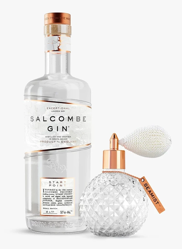 Salcombe Gin Gift Set | 'Seamist and Start Point' Liquid Garnish in White Gift Box | 50cl + 10cl Glass Spray Bottle and Copper Tag | Made in Devon