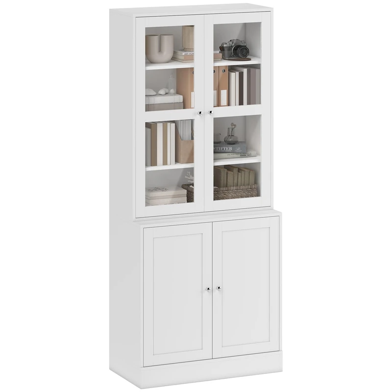 HOMCOM Modern Bookcase with Glass Doors, Display Storage Cabinet with Adjustable Shelves for Living Room, Study, Home Office, Kitchen Cupboard with Small Open Counter, White