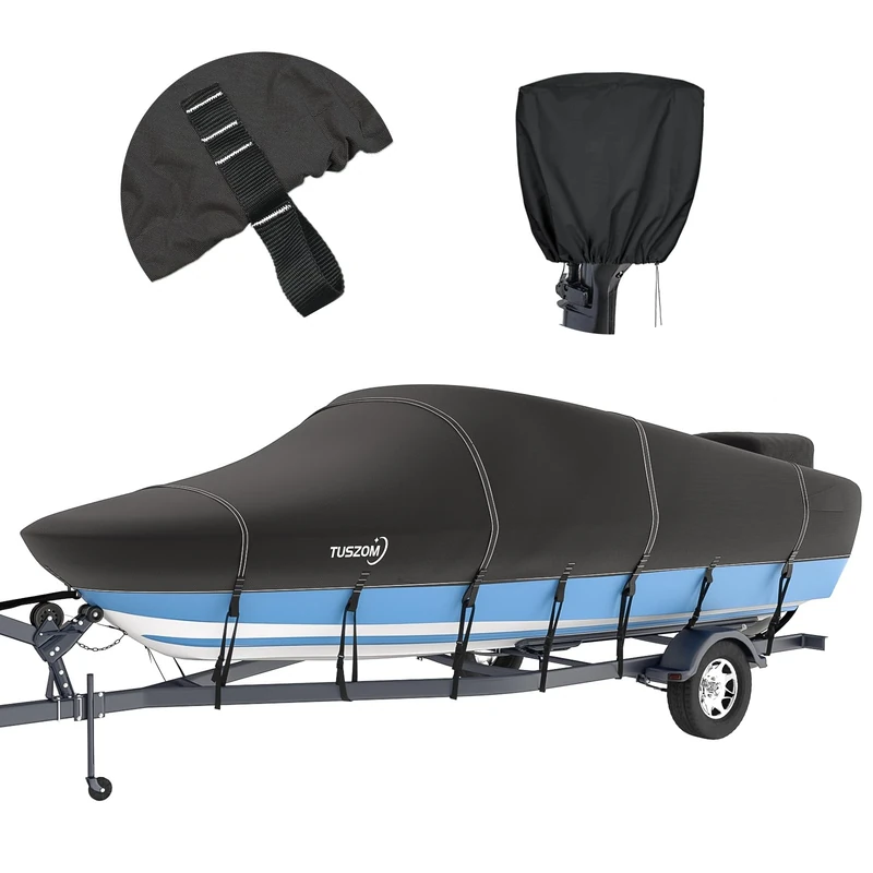 Tuszom 800D Solution-Dyed Bass Boat Cover Marine Grade Polyester Canvas Trailerable Anti-UV Bass Tracker Boat Cover with Upgraded 17 Windproof Straps