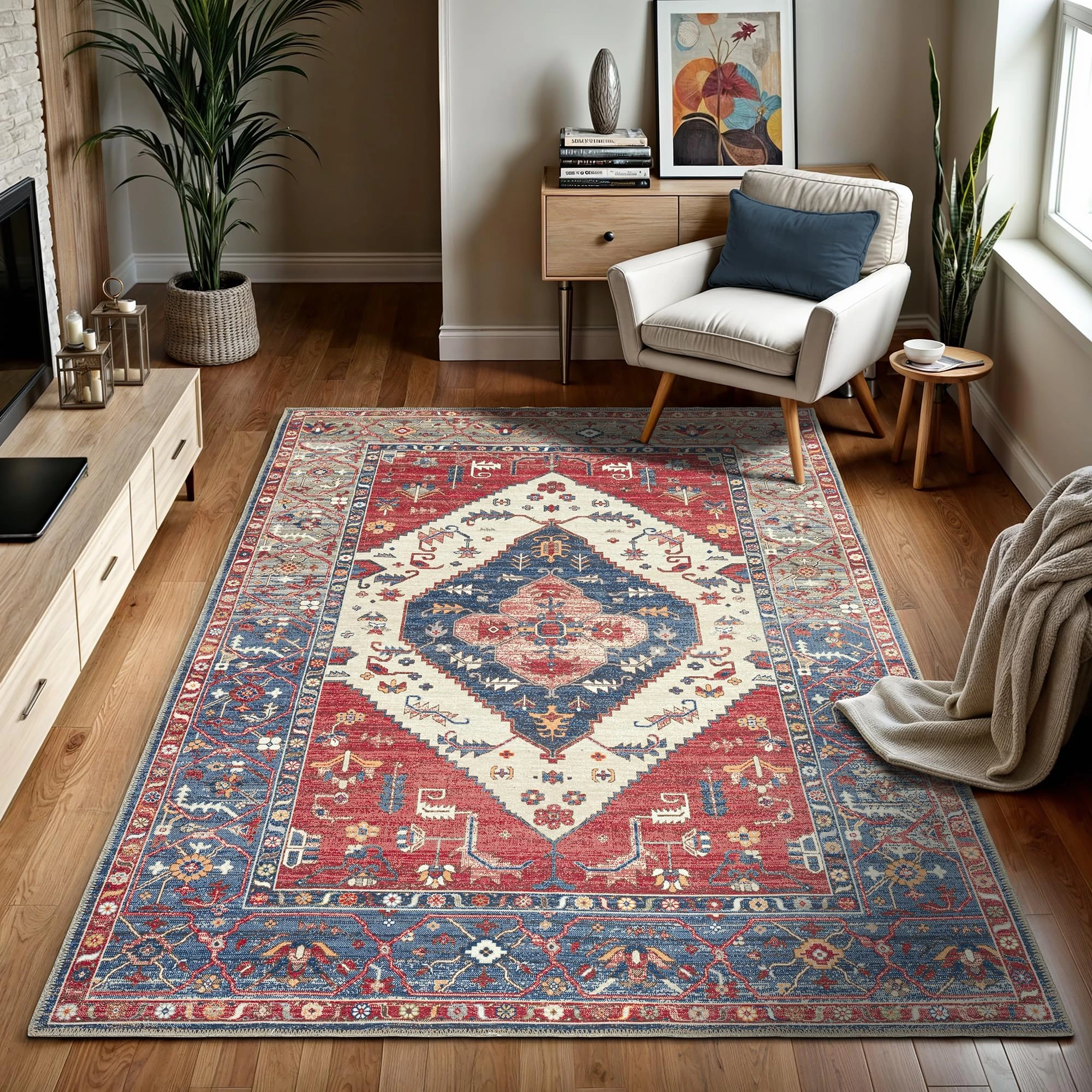 GLN Rugs Vintage Collection - Machine Washable Area Rug, Vintage Washable, Non Slip, Low Pile Rug, Living Room, Bedroom, Bathroom Rug - Easy Clean (9'5"x12' Red)