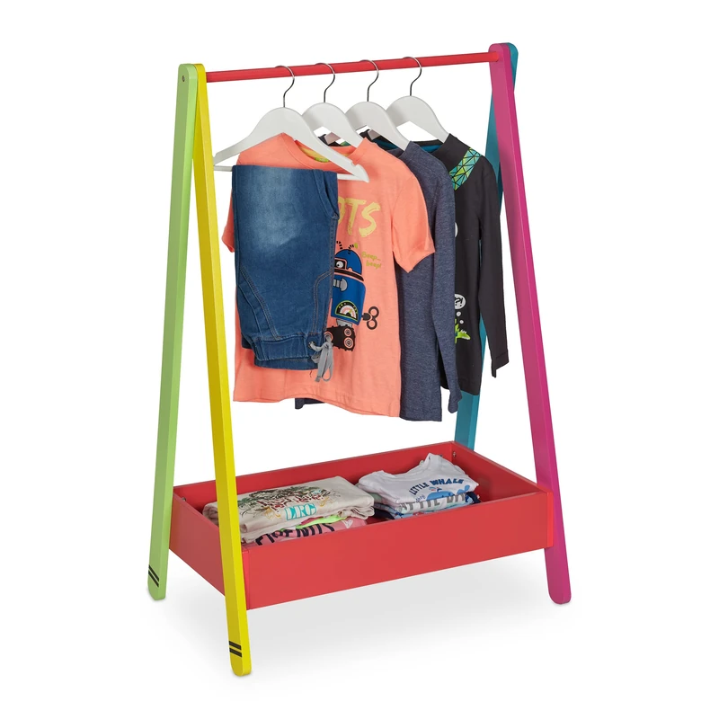 Relaxdays Children’s Clothes Rail, Rack for Bedroom or Nursery, with Shelf, HxWxD: 99x64.5x42 cm, Multi-Coloured, Fibreboard