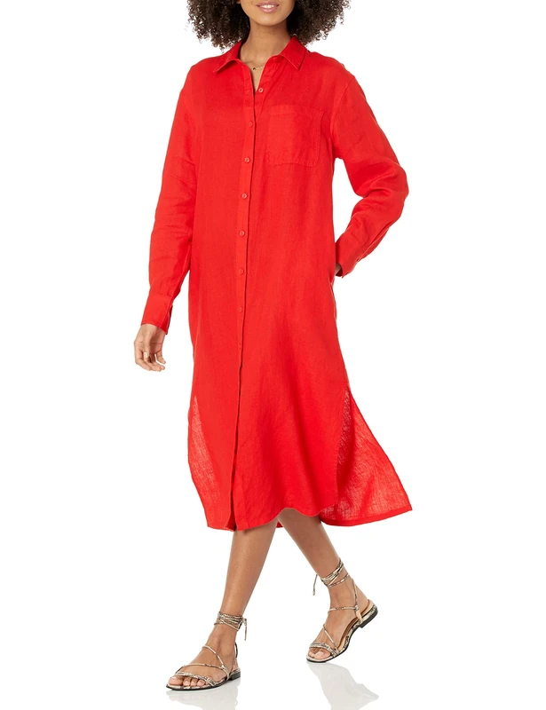 The Drop Women's Fiona Relaxed Linen Midi Shirt Dress, Flame Red, M