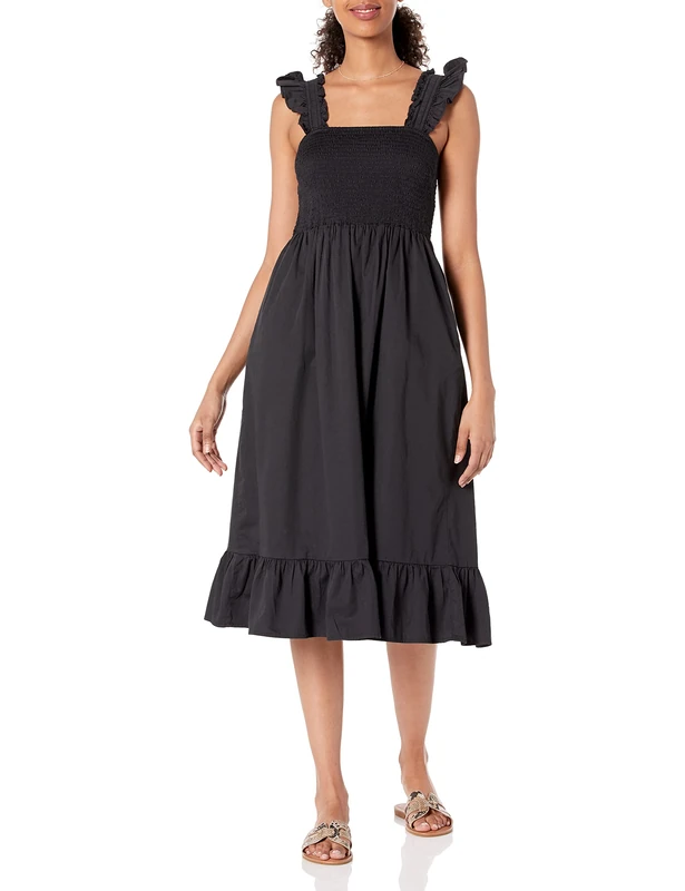 The Drop Women's Kimi Ruffled Shoulder Smocked Midi Dress, Black, L