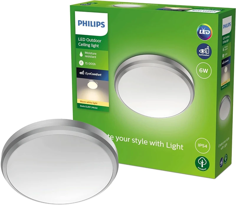 Philips LED Doris Outdoor Ceiling Light 6W [Warm White - Nickel] Water Resistant IP54, for Garden, Patio and Terrace Lighting. - Image 1