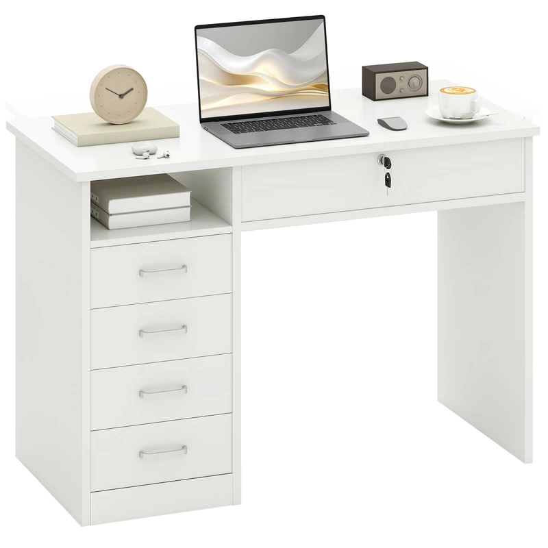 HOMCOM Computer Desk, Home Office Desk with Lockable Drawer, Storage Shelf for Study Bedroom, 110 x 50 x 76 cm, White