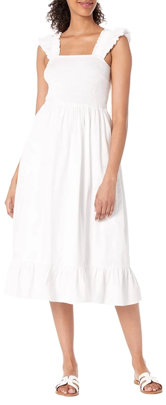 The Drop Women's Kimi Ruffled Shoulder Smocked Midi Dress, White, XL