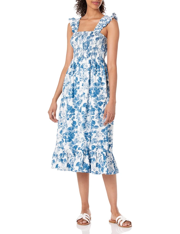 The Drop Women's Kimi Ruffled Shoulder Smocked Midi Dress, Blue Floral, 4XL Plus