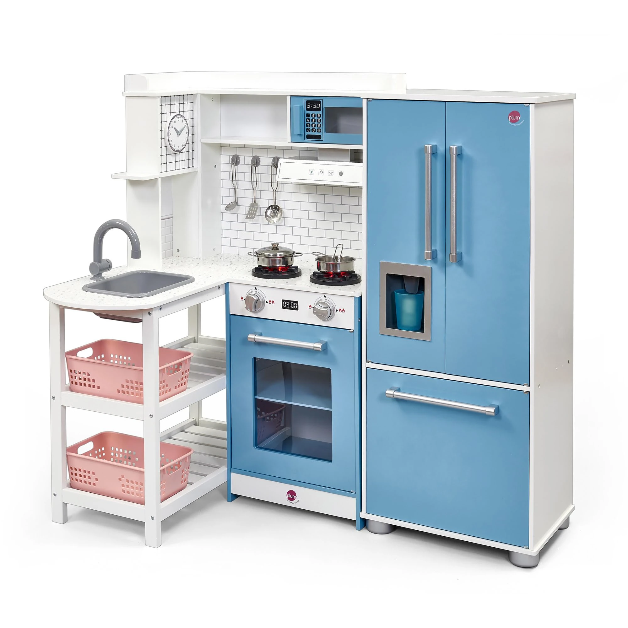 Plum Roleplay Kids Indoor Wooden Penne Pantry Bakehouse Play Kitchen with cooking utensil, fridge with ice machine and electric hobs with lights and sounds- 3 Years Plus 110 x 102 x 33cm