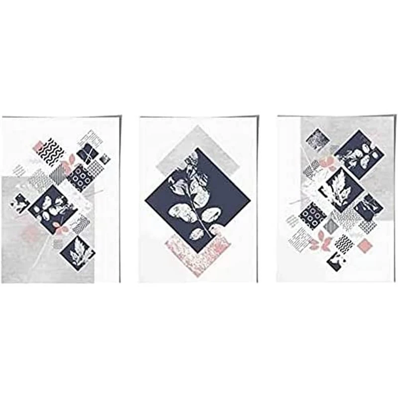 Artze Wall Art Botanical Abstract Geometric Floral Print 3-Piece Set, 40 cm Width x 50 cm Height, Navy Blue/Pink