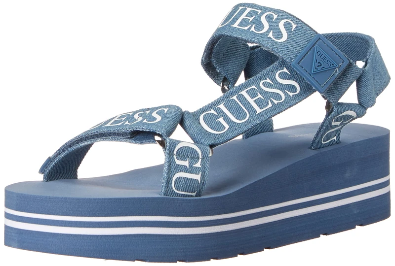 GUESS Women's Avin Wedge Sandal, Blue+White Denim, 5.5 UK