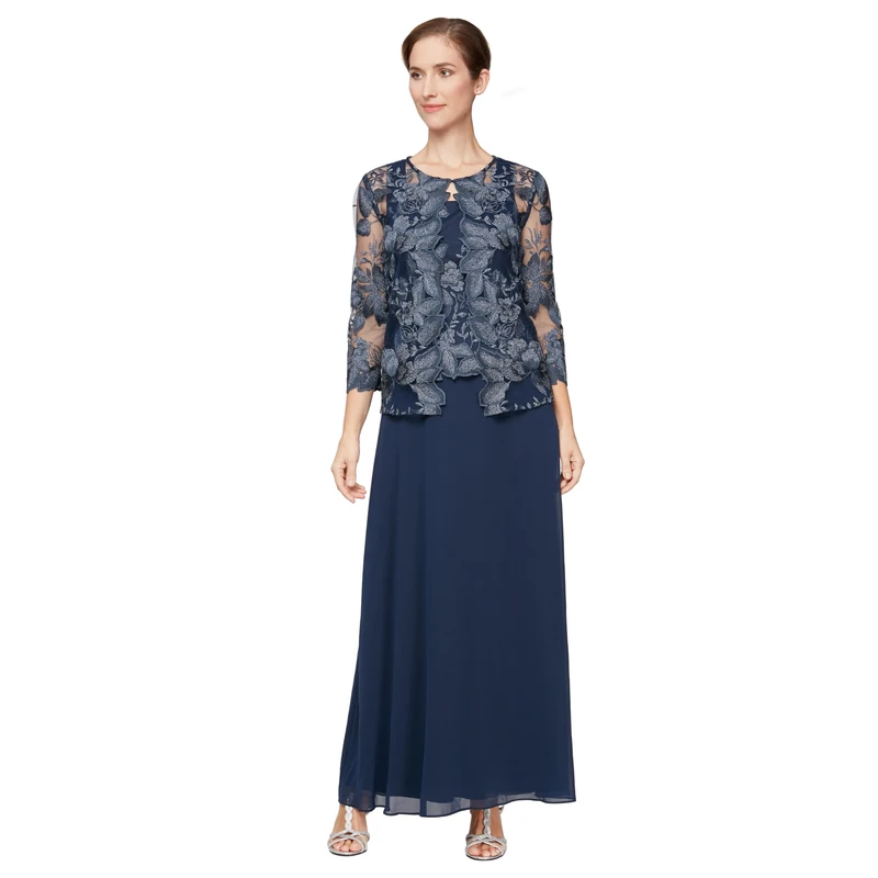 Alex Evenings Women's Two Piece Tea Length Mock Lace Jacket Dress (Petite and Regular Sizes), Navy Long, 12