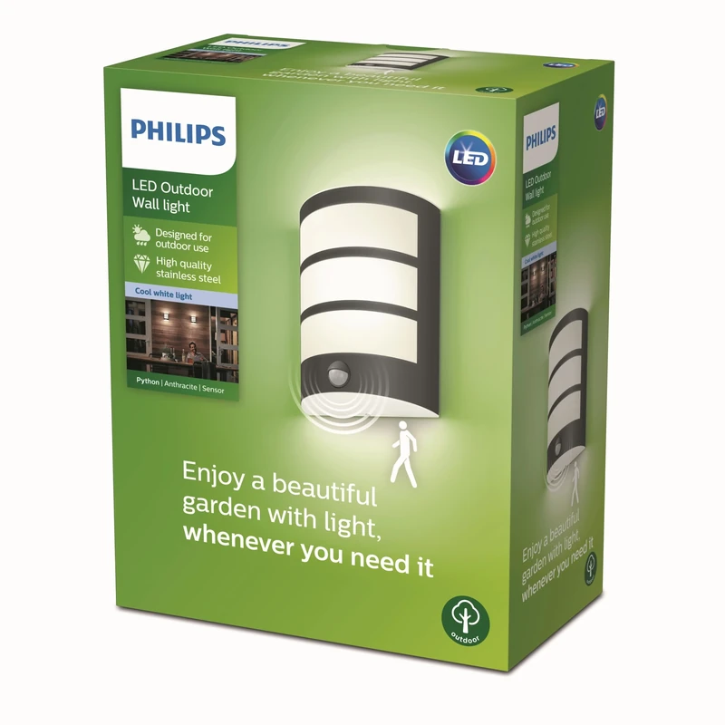 Philips LED Python Outdoor 6W Wall Light with Motion Sensor [Cool White - Anthracite Grey] Water Resistant IP44, For Garden, Patio and Terrace Lighting.
