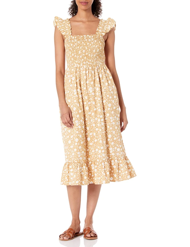 The Drop Women's Kimi Ruffled Shoulder Smocked Midi Dress, Ginger Floral, XXL, Plus Size