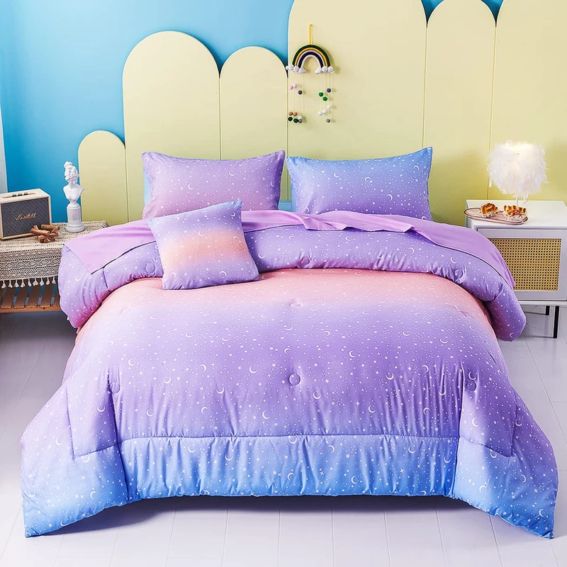 URBONUR Girls Comforter Set Twin 6PCS Gradient Purple Orange Glitter Moon Star Printed Bed in A Bag Soft Breathable Fluffy Bedding Set for All Season (Star, Twin Size)