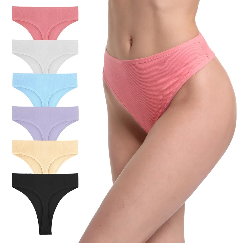 GAREDOB 6 Pack Women's Ribbed Cotton Thongs High Waist Panties Plus Size High Rise No Show Underwear, 6 Pcs High Thong-a, XL
