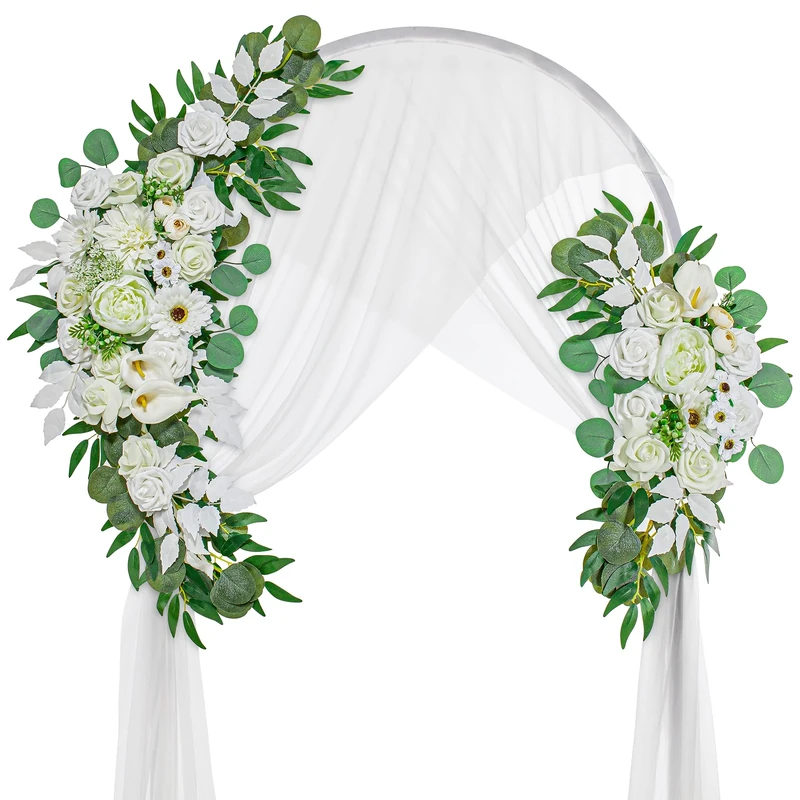 Lisuun Wedding Arch Flowers, Artificial Flowers for Decoration, 2pcs Flower Swag and 1 pcs Semi-Sheer Chiffon Table Runner Swag for Holy and Pure Wedding Ceremony Floral Decor - Pack of 3