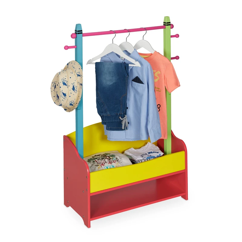 Relaxdays Children's Clothes Rack, Coat Rail Kids' Room, 4 Hooks, 2 Shelves, HWD: 100.5 x 71 x 30 cm, Wardrobe, Bright, Fibreboard