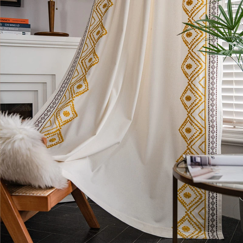 ColorBird Boho Curtains 2 Panels Set for Living Room,63 Inch Length Embroidery Cotton Linen Rod Pocket Drapes for Bedroom Dining Room(52" W x 63" L, Yellow)