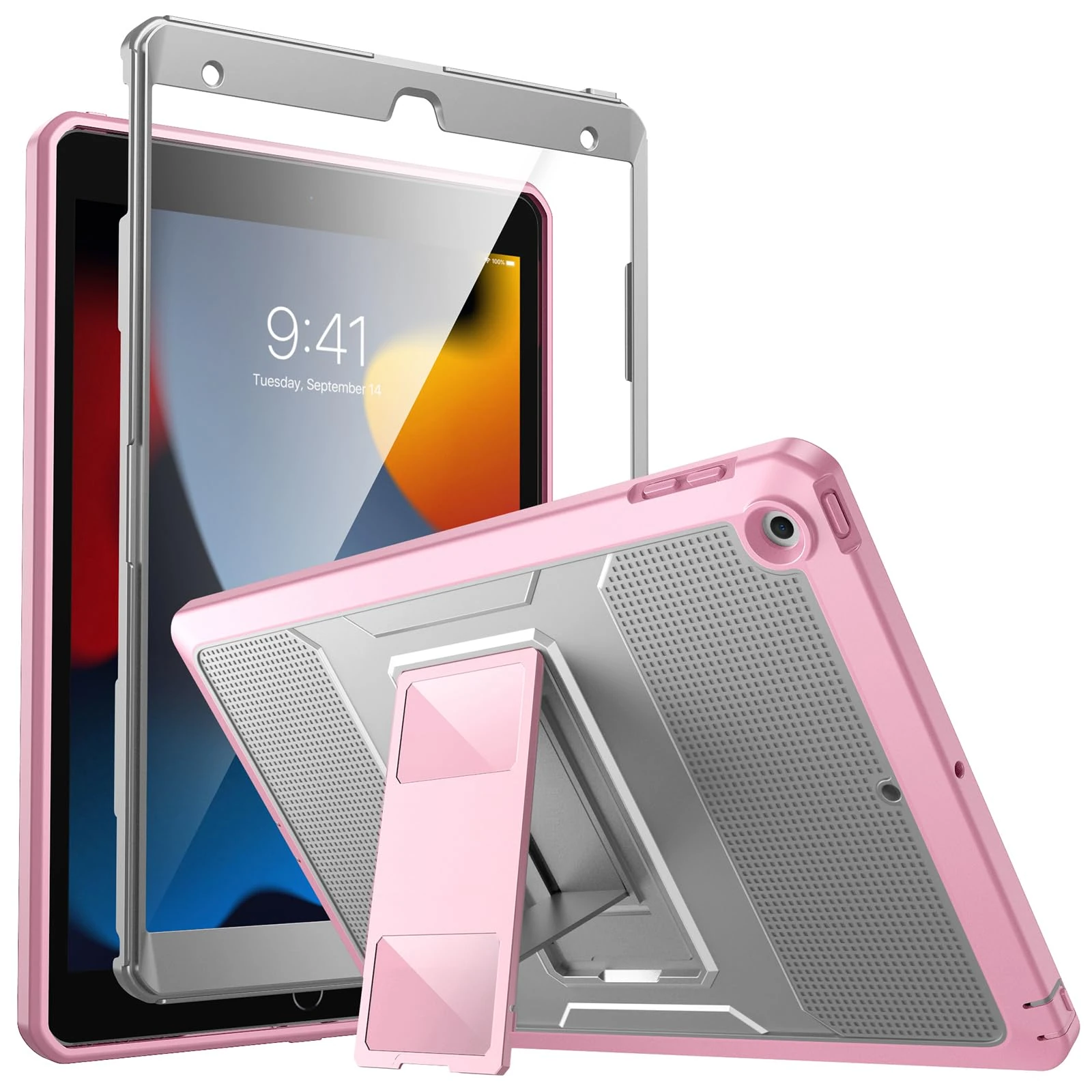 MoKo Case for New iPad 9th Generation 10.2 2021 / iPad 8th Gen 10.2 2020 / iPad 7th Gen 10.2 Inch Case, [Heavy Duty] Shockproof Full Body Protective Cover with Built-in Screen Protector, Gray/Pink
