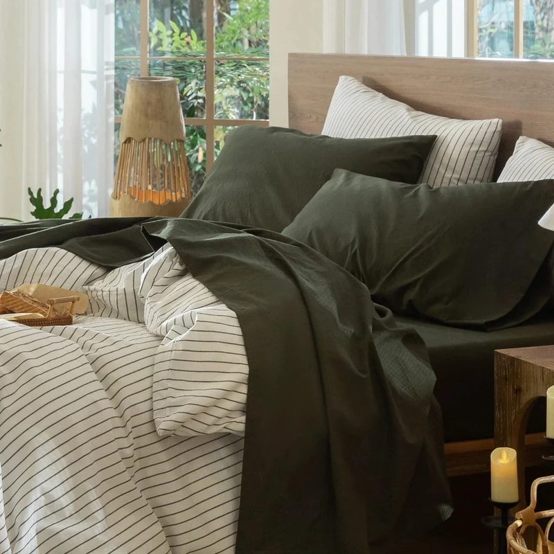 MOOMEE Bedding Sheet Set 100% Washed Cotton Linen Like Textured Breathable Durable Soft Comfy (Olive Green, Queen)