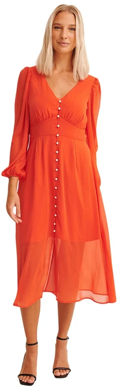 NA-KD Women's Button Front Slit Casual Dress, Spicy Red, 16 UK