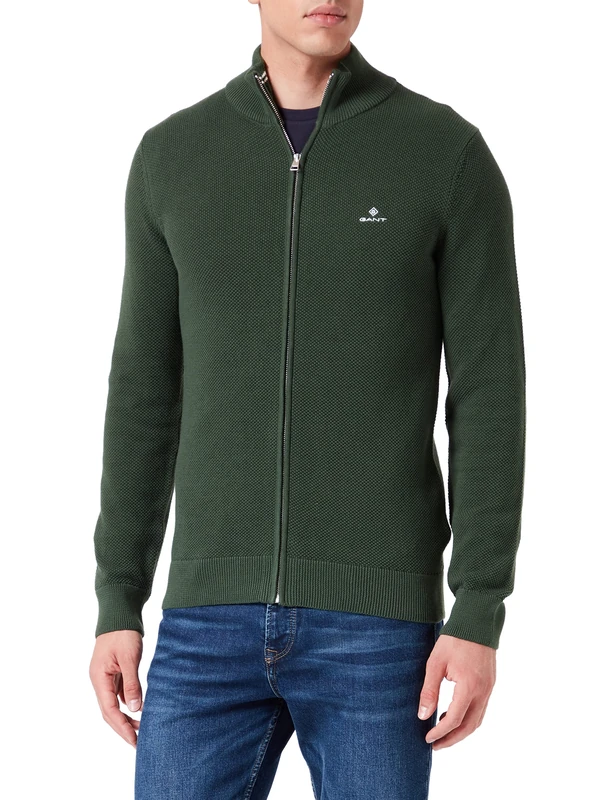 GANT Men's Cotton Pique Zip Cardigan Cardigan Sweater , Storm Green,4XL - Image 1