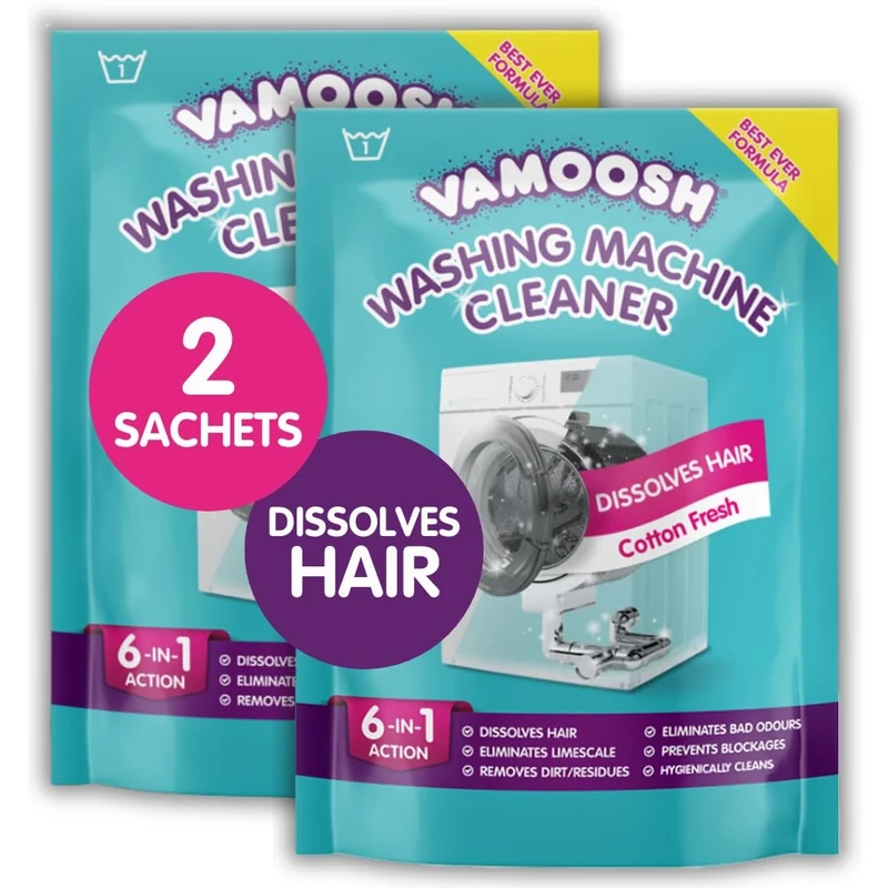 Vamoosh 6-in-1 Washing Machine Cleaner, Dissolves Hair, Eliminates Bad Odours, Removes Limescale, Deep Clean, Leaves Smelling Fresh, Antibacterial, Descales, 2 Sachet, 2 Washes