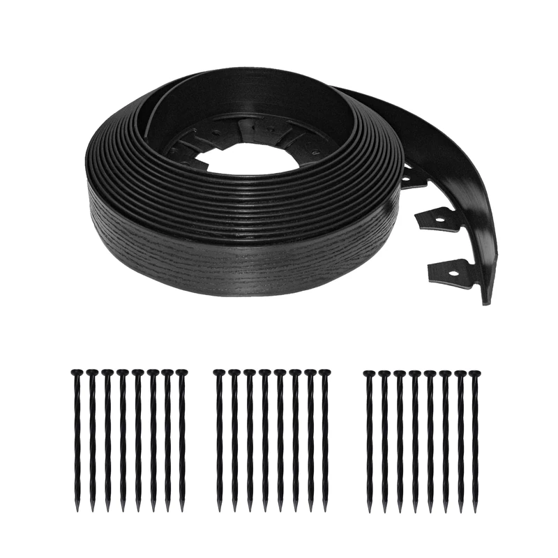 EasyFlex Tall Wall No-Dig Landscape Edging with Anchoring Spikes, 2.5 in. Tall Straight Top Plastic Garden Border with Woodgrain Texture, 40 Foot Kit, Black (3220E-40C)